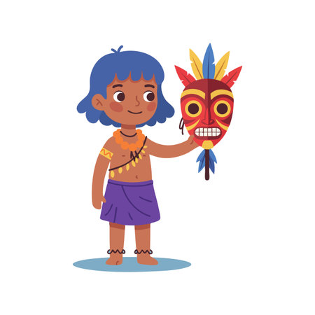 Illustration of an indigenous child holding a traditional tribal mask decorated with colorful feathers, smiling and standing in a simple pose. Cheerful.のイラスト素材