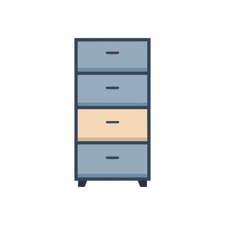 Vector illustration shows a modern filing cabinet with blue and beige drawers for office storage in flat style, clean and simple design, calm.のイラスト素材