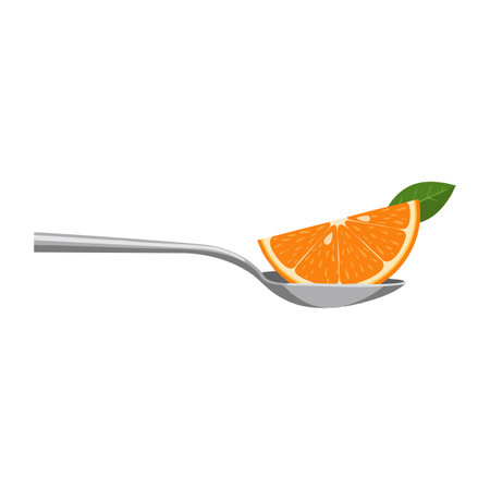 Vector shows fresh orange slice with green leaf resting on a silver spoon in a clean white background, bright and fresh mood.のイラスト素材