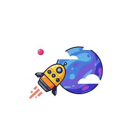 This vector illustration shows a space rocket flying near a colorful purple and blue planet with clouds, creating a playful outer space scene. Cheerful.のイラスト素材