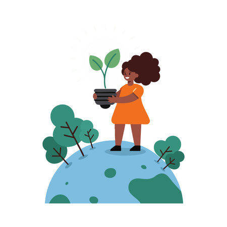 Illustration shows woman standing on a small planet holding a potted plant, symbolizing environmental care and nature connection, calm mood.のイラスト素材