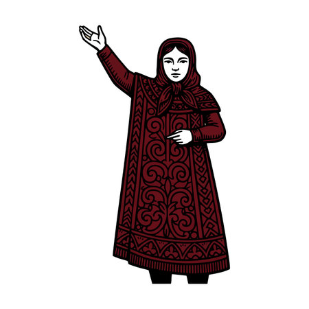 Illustration shows a woman in a burgundy traditional patterned dress raising her arm, pointing with the other hand, in a confident pose. Calm mood.のイラスト素材