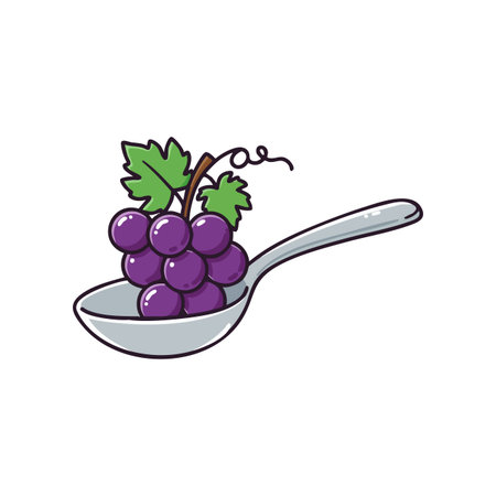 Illustration shows a bunch of purple grapes resting on a silver spoon in a clean white background, conveying freshness and simplicity. Calm.のイラスト素材