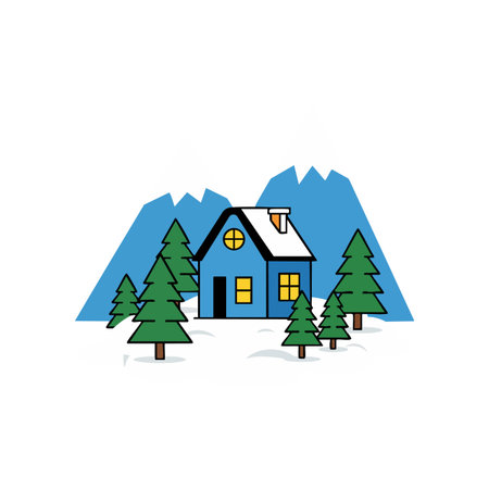 This vector shows a mountain cabin with pine trees and snow in a clear blue sky setting, creating a calm and peaceful mood.のイラスト素材