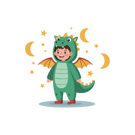 Child stands happily in a green dragon costume with orange wings surrounded by stars and crescent moons at night, playful and joyful.のイラスト素材
