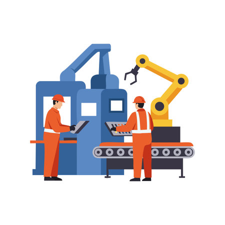 Two factory workers in orange uniforms operate machinery and a robotic arm on a production line in an industrial manufacturing setting, focused and productive.のイラスト素材