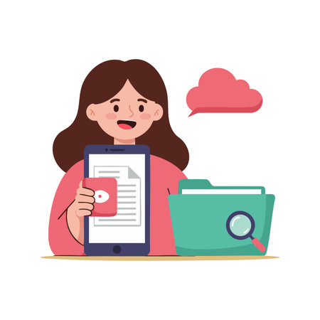 Woman shows document on smartphone screen next to green file folder with magnifier and pink speech bubble, flat style, cheerful mood.のイラスト素材