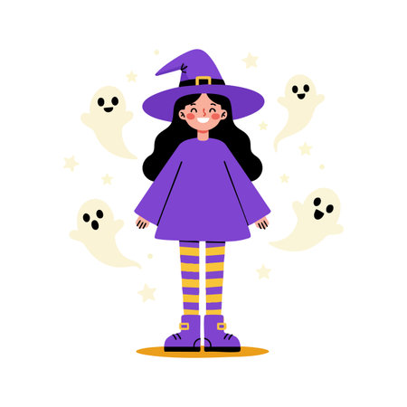 Illustration shows a smiling witch girl in purple dress and hat surrounded by friendly ghosts and stars, creating a fun halloween mood.のイラスト素材