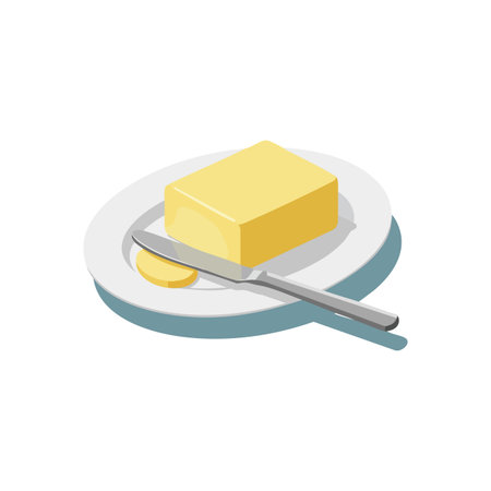 Butter block sits on a white plate with a slice cut off by a butter knife, displayed with soft lighting in a clean setting. Calm mood.のイラスト素材