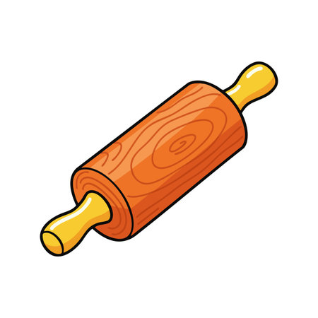Wooden rolling pin with yellow handles is used for flattening dough in cooking and baking tasks, depicted in a clean vector style. Cheerful.のイラスト素材