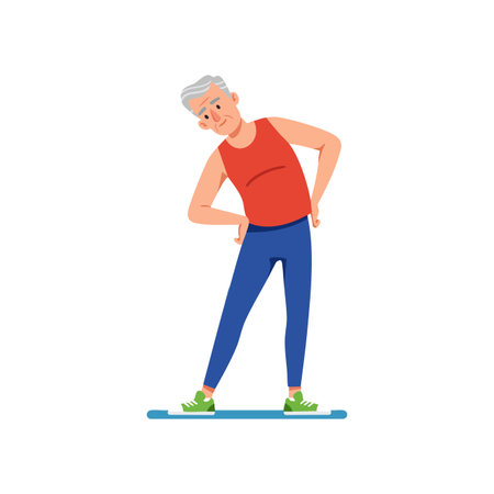 Elderly man performs side stretching exercise wearing red tank top and blue pants, promoting fitness and health in a calm mood.のイラスト素材