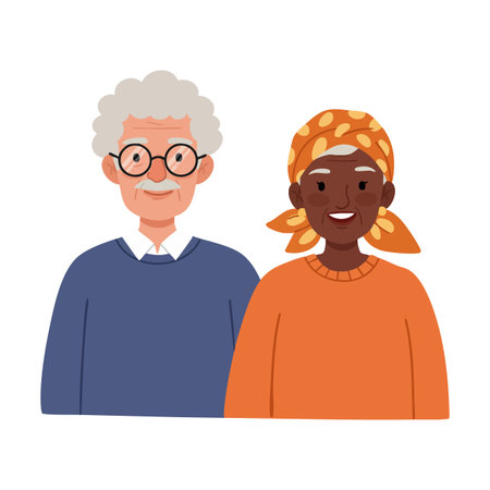 Illustration shows a smiling elderly man with glasses and woman with headscarf in casual sweaters, portraying warmth and companionship. Cheerful mood.のイラスト素材