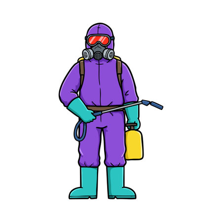 Illustration shows person wearing purple protective suit and gas mask holding yellow sprayer in a safety posture, conveying caution and safety mood.のイラスト素材