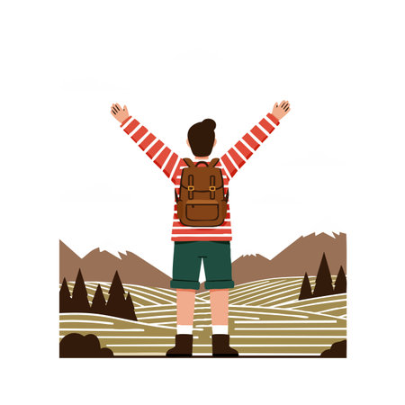 A boy wearing a red striped shirt and green shorts raises his arms in a mountainous landscape with trees and rolling hills, feeling joyful.のイラスト素材