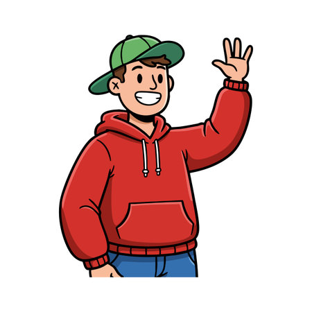 Illustration shows a young man smiling and waving hand, dressed in casual red hoodie and green cap, with cheerful mood.のイラスト素材