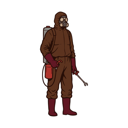 Pest control worker wears full protective suit and gas mask while holding sprayer and wrench, standing confidently. Safety-focused mood.のイラスト素材