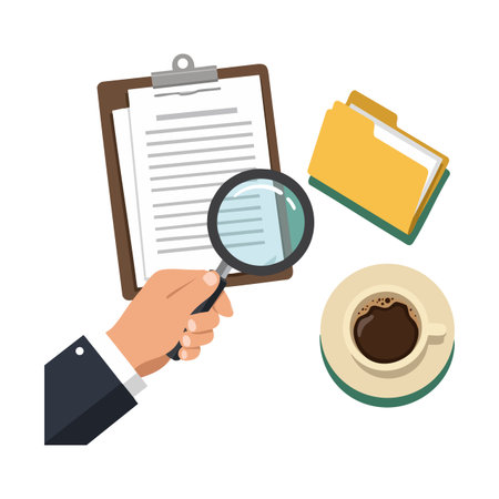 Vector shows business document analysis with magnifying glass, clipboard, folder, and coffee cup in flat style on white background, professional atmosphere.のイラスト素材
