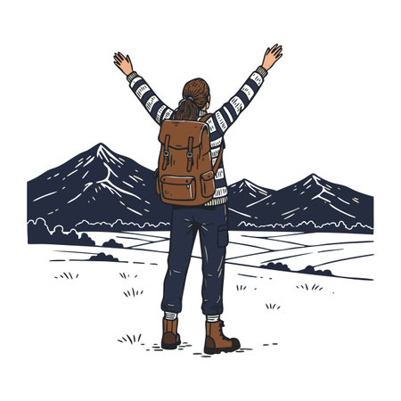 A woman with a brown backpack raises her arms facing mountain peaks in a peaceful outdoor nature setting, evoking freedom and joy.のイラスト素材
