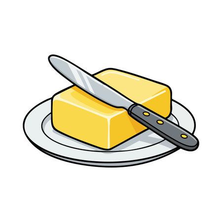 Illustration shows a yellow butter block with a black-handled knife on a white plate in simple style. Calm and clean mood.のイラスト素材