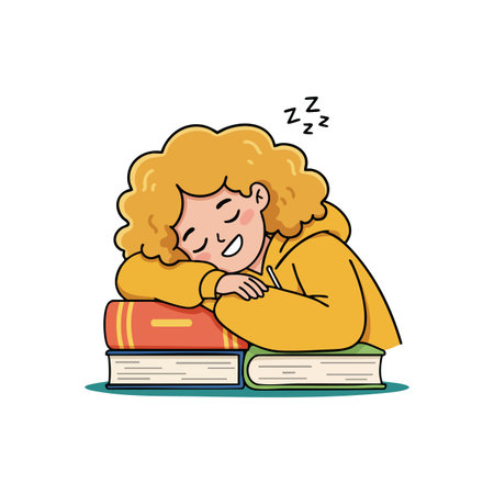 A girl with curly hair sleeps peacefully on a stack of three books wearing a yellow hoodie, expressing calm and relaxation.のイラスト素材