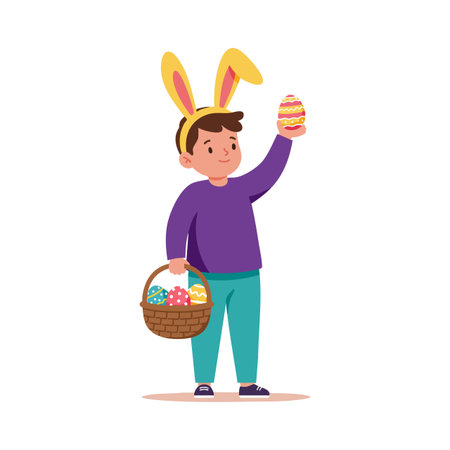 Boy in purple shirt and teal pants holds a decorated Easter egg and basket, celebrating spring holiday with joyful expression and bright colors. Cheerful mood.のイラスト素材