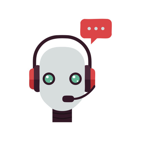 Illustration of a robot head wearing a red headset with a chat bubble, representing AI communication...