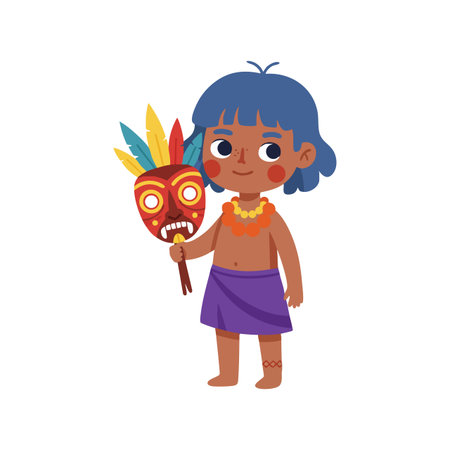 Illustration shows a child with blue hair holding a tribal mask adorned with feathers, dressed in traditional clothing, radiating cultural charm. Cheerful mood.のイラスト素材