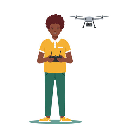 Young man operates a flying drone using a remote controller in a casual outfit, displaying focus and...