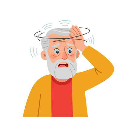 Elderly man with gray hair and beard looks dizzy and confused, holding his head with a worried expression, in a bright flat style. Calm.のイラスト素材