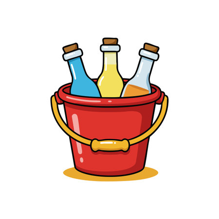Illustration shows a red bucket holding three colorful bottles with corks, representing beverage containers in a cheerful style.のイラスト素材