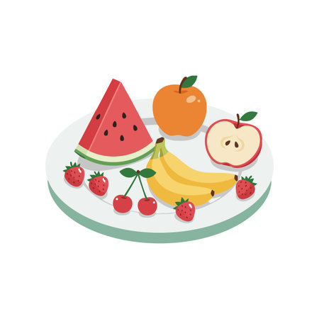 Vector image showing a variety of fresh fruits including watermelon, apple, banana, cherries, and strawberries on a plate, bright and colorful mood.のイラスト素材