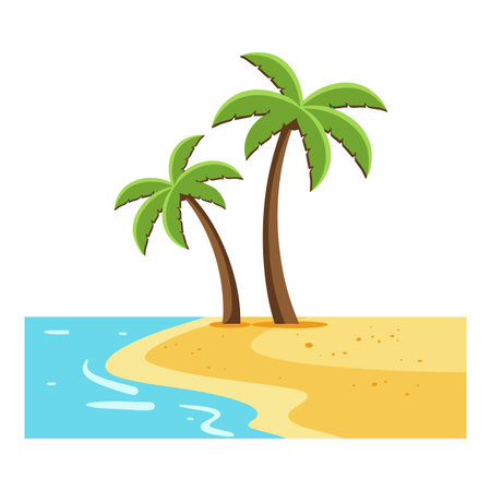 Illustration shows two green palm trees on a yellow sandy beach by calm blue water, evoking a relaxing tropical summer mood.のイラスト素材