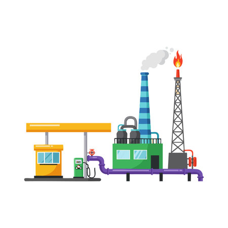 This vector shows an industrial factory with a gas flare and fuel station, highlighting energy production and supply infrastructure in a clean design. Calm.のイラスト素材