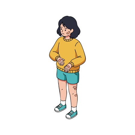 Illustration shows a girl with eczema on arms and legs wearing casual clothes, examining her skin carefully. Calm and thoughtful mood.のイラスト素材