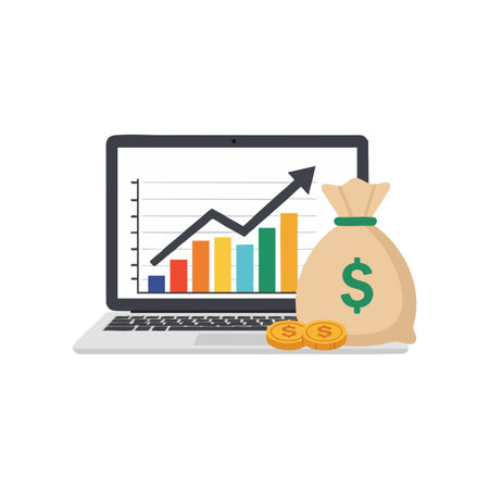 Vector image of financial growth displayed on laptop screen with an upward trending bar chart and money bag with coins, symbolizing wealth and success. Positive mood.のイラスト素材