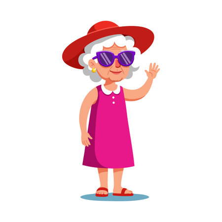 This vector shows an elderly woman dressed in vibrant summer clothes waving her hand happily, creating a cheerful and friendly mood.のイラスト素材