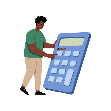 Illustration shows a man interacting with a large calculator, symbolizing finance and budgeting concepts in a clear and simple style. Calm mood.のイラスト素材