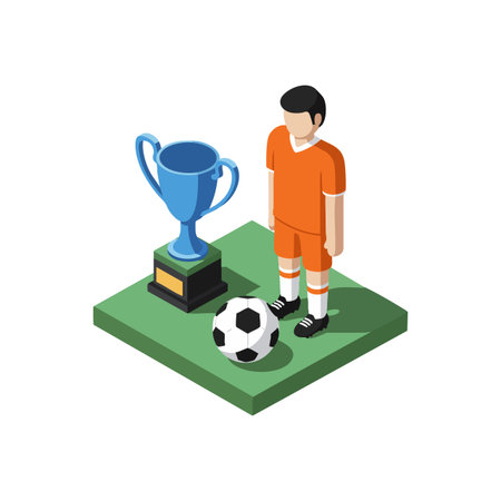 Illustration shows a soccer player in orange uniform standing next to a trophy and ball on green platform. The scene is sporty and victorious.のイラスト素材
