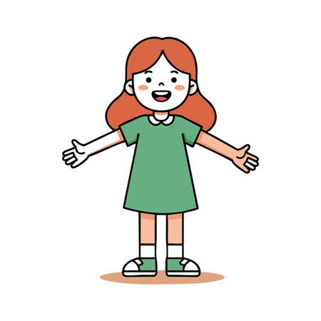 This vector illustration shows a happy girl with red hair and open arms smiling brightly, dressed in a green dress and sneakers, cheerful mood.のイラスト素材