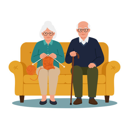 Elderly man with cane and woman knitting sit side by side on a yellow sofa in a calm home setting, peaceful and warm atmosphereのイラスト素材