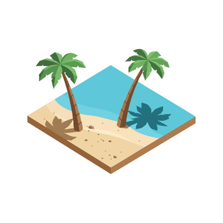 This vector shows two green palm trees on a sandy beach with blue ocean water in isometric view, creating a calm and tropical mood.のイラスト素材