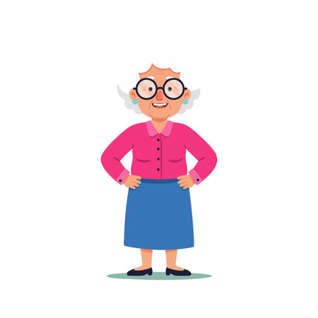 Elderly woman with glasses wearing a pink blouse and blue skirt stands confidently with hands on hips, smiling joyfully. Bright and cheerful mood.のイラスト素材