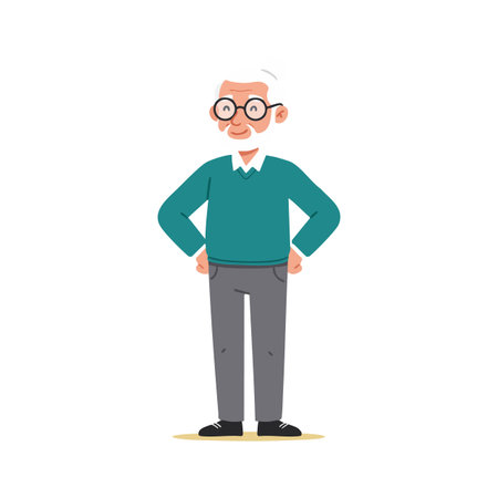 Vector shows elderly man standing confidently with glasses and white beard wearing casual clothing. The mood is calm and friendly.のイラスト素材