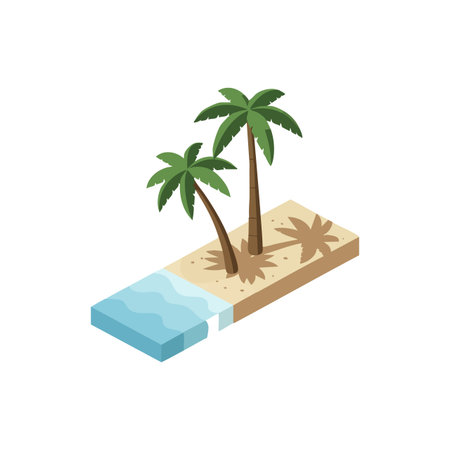 Illustration shows two green palm trees casting shadows on a sandy beach with calm blue water in isometric style, creating a peaceful tropical scene.のイラスト素材
