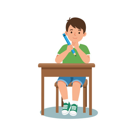Boy in green shirt sitting at a wooden desk holding a pencil, thinking and writing homework or studying, focused and calm mood.のイラスト素材