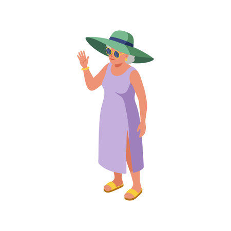 Elderly woman in purple dress and large green sun hat waves hand cheerfully, wearing yellow sandals and round sunglasses, summer mood.のイラスト素材