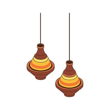 Vector illustration showing two hanging Moroccan tagine pottery lamps with warm brown, orange, and yellow stripes in a simple style, cozy mood.のイラスト素材