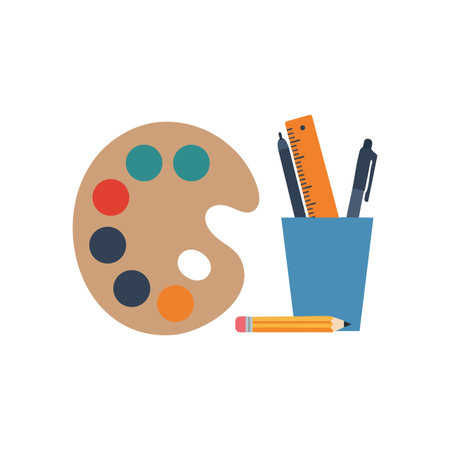 Vector illustration showing artist paint palette with multicolor paint spots alongside pencil, ruler, and pen in a blue cup. Creative and artistic mood.のイラスト素材