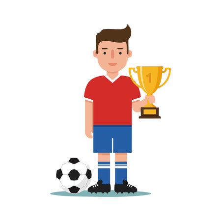 Illustration shows young soccer player proudly holding a golden trophy with soccer ball at feet, symbolizing sports achievement and success, cheerful mood.のイラスト素材