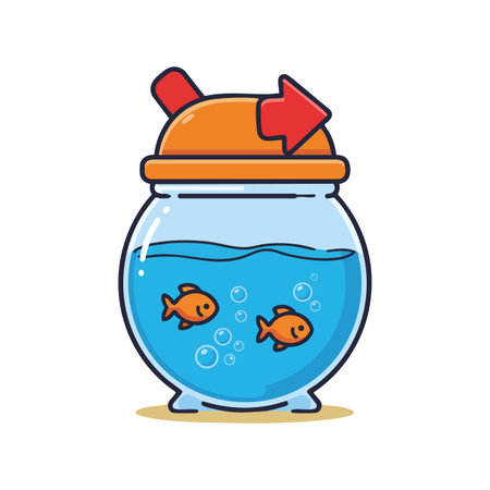 Illustration shows two orange goldfish swimming inside a blue water-filled round fishbowl with red lid and right arrow symbol, playful mood.のイラスト素材